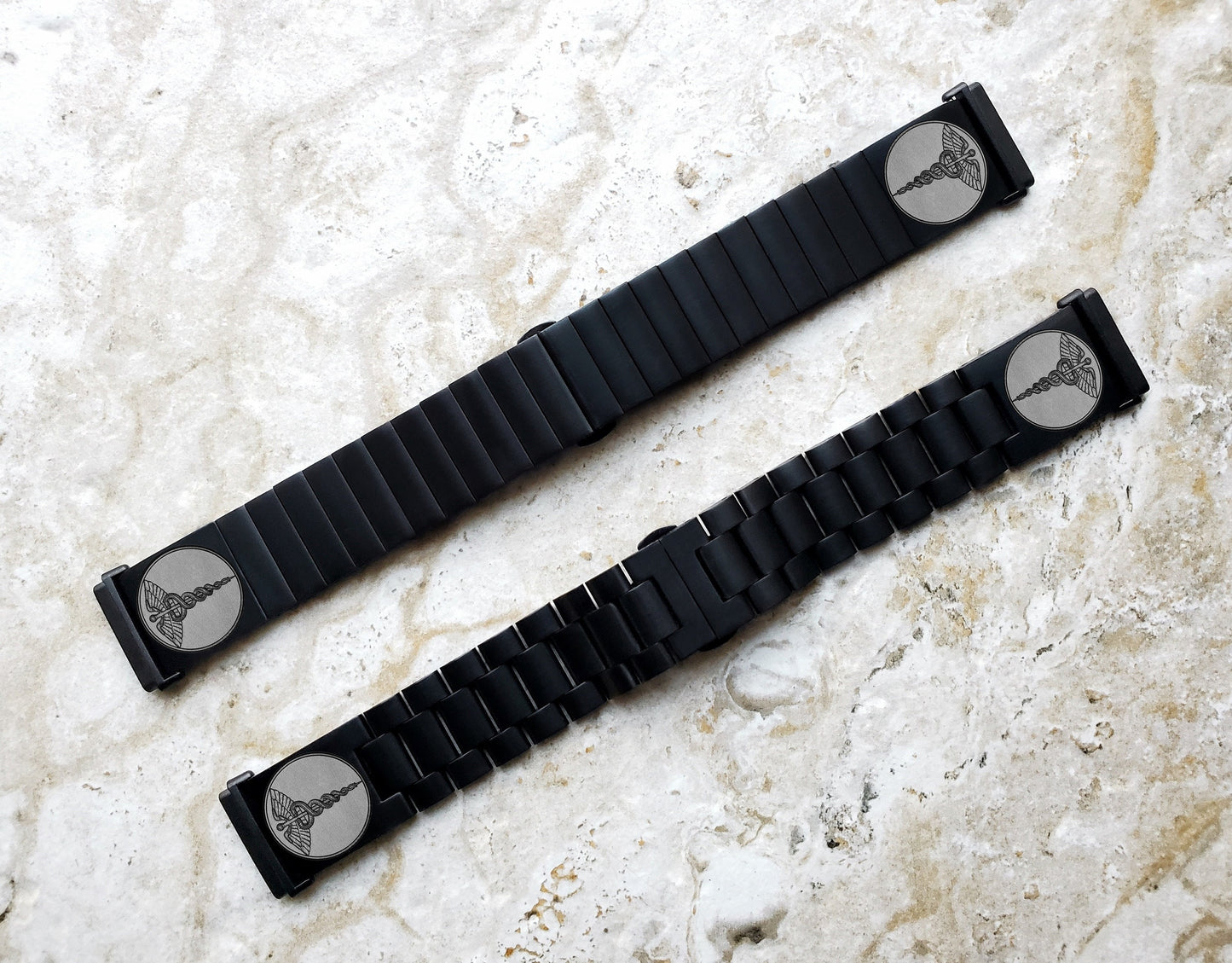 Engraved Watch Band Compatible with Fitbit Versa Lite 2 3 4 and Sense 2 Smartwatches Black Color Stainless Steel Bracelet Strap MS1