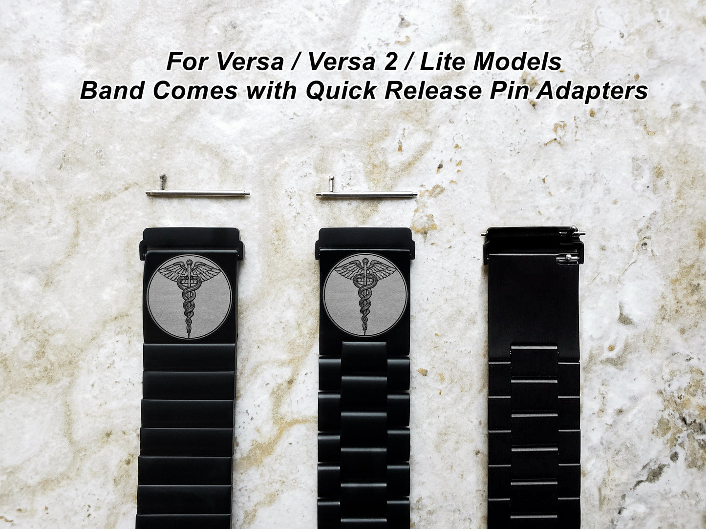 Engraved Watch Band Compatible with Fitbit Versa Lite 2 3 4 and Sense 2 Smartwatches Black Color Stainless Steel Bracelet Strap MS1