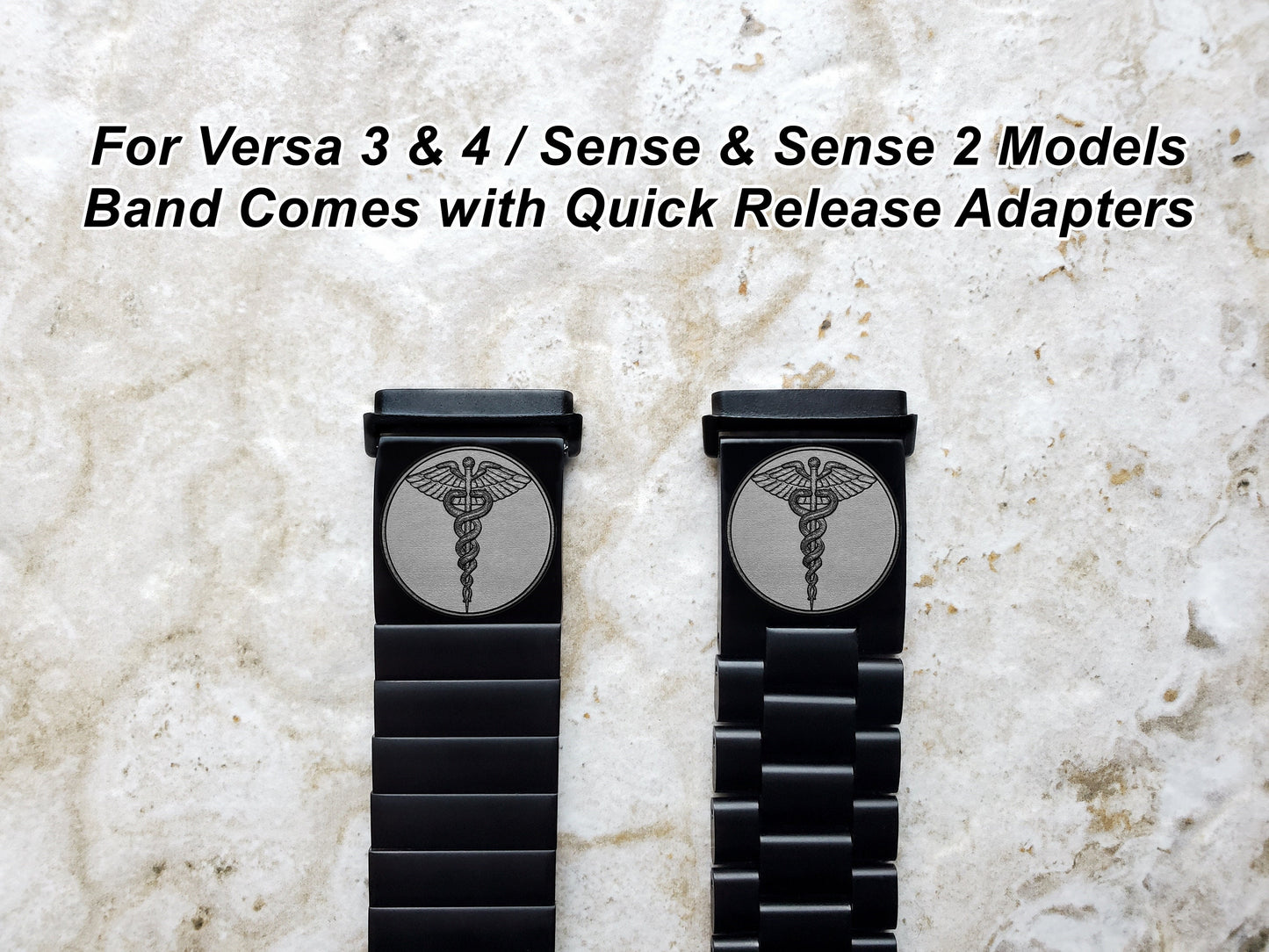 Engraved Watch Band Compatible with Fitbit Versa Lite 2 3 4 and Sense 2 Smartwatches Black Color Stainless Steel Bracelet Strap MS1