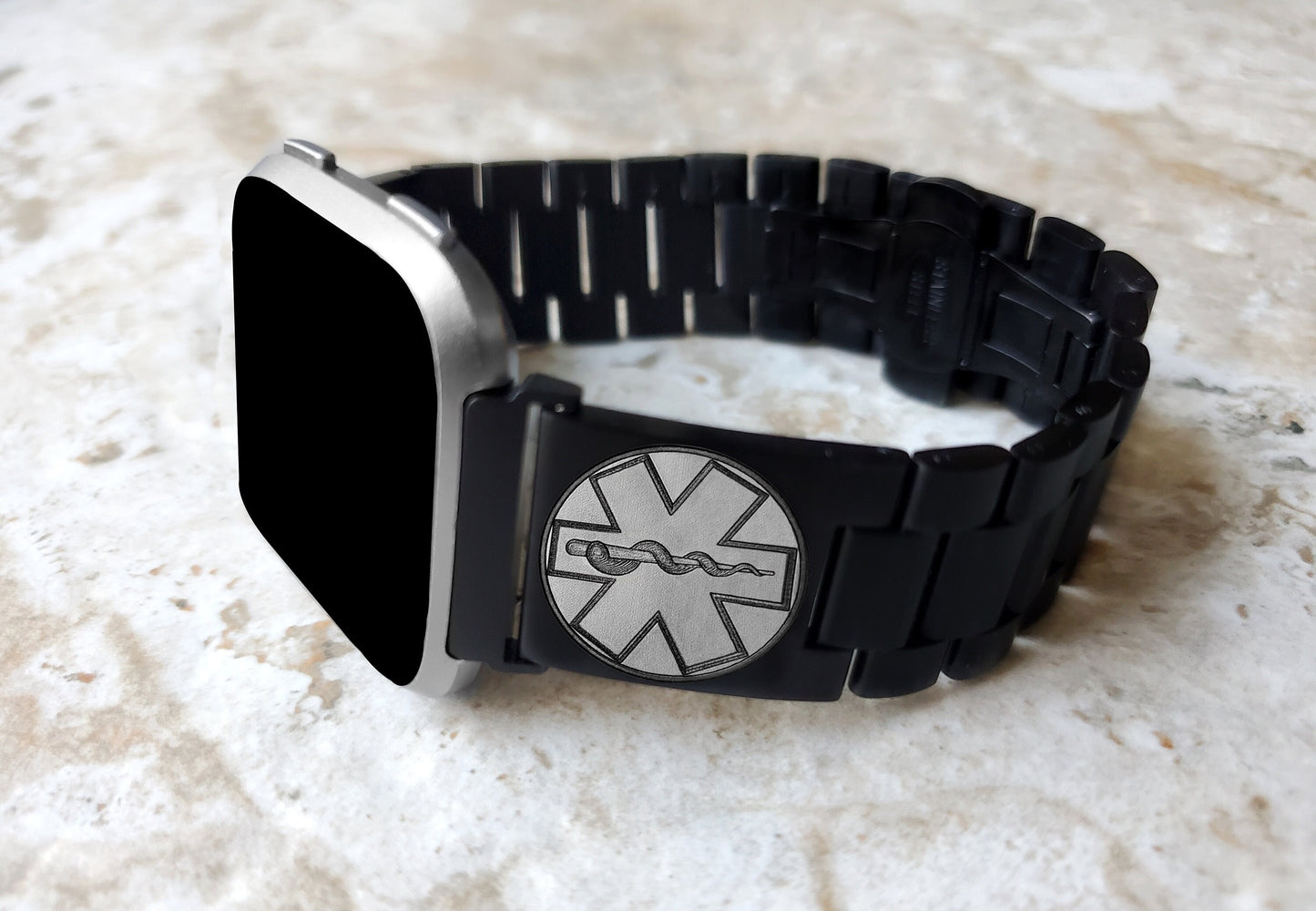 Engraved Watch Band Compatible with Fitbit Versa Lite 2 3 4 and Sense 2 Smartwatches Black Color Stainless Steel Bracelet Strap MS2