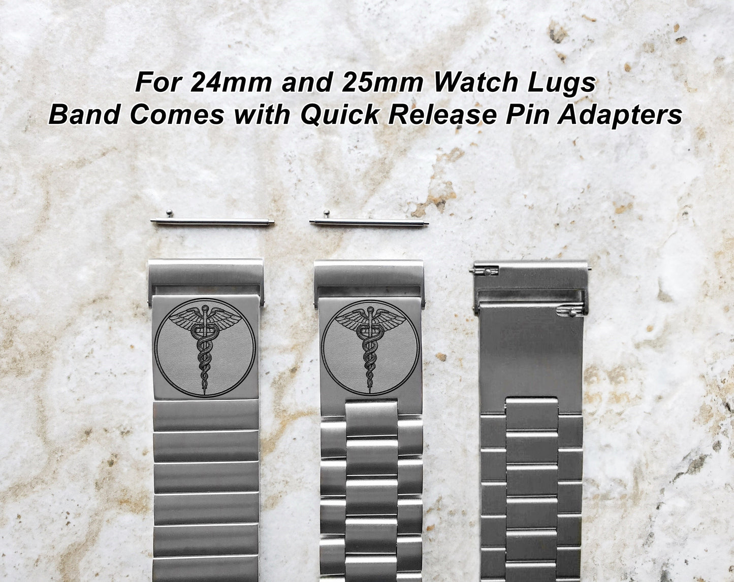 Engraved Watch Band for 22mm 24mm 25mm Lugs Traditional Casual Luxury and Smartwatches Silver Color Stainless Steel Strap Bracelet MS1