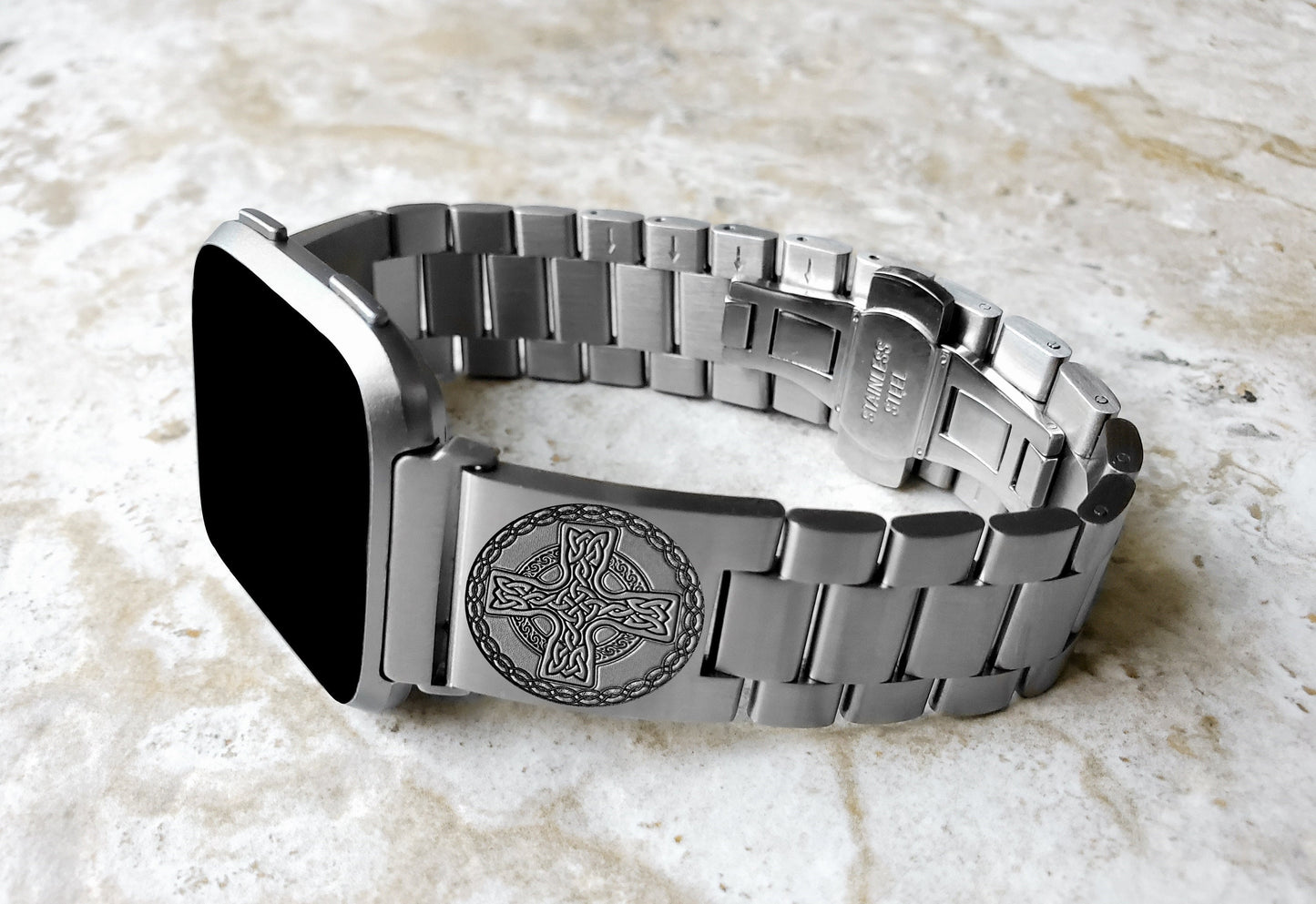 Engraved Watch Band Compatible with Fitbit Versa Lite 2 3 4 and Sense 2 Smartwatches Silver Color Stainless Steel Strap Bracelet CC2