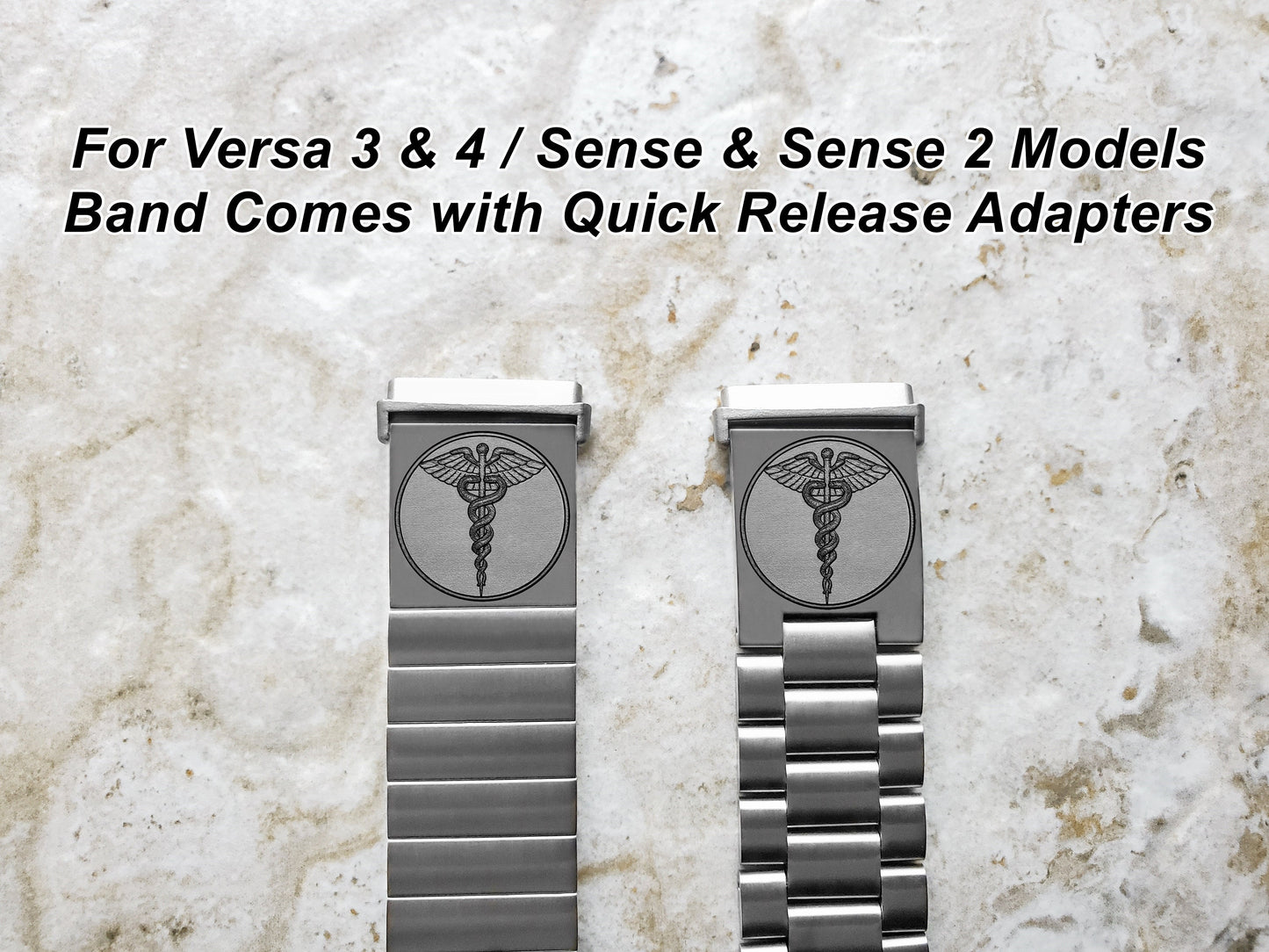 Engraved Watch Band Compatible with Fitbit Versa Lite 2 3 4 and Sense 2 Smartwatches Silver Color Stainless Steel Bracelet Strap MS1