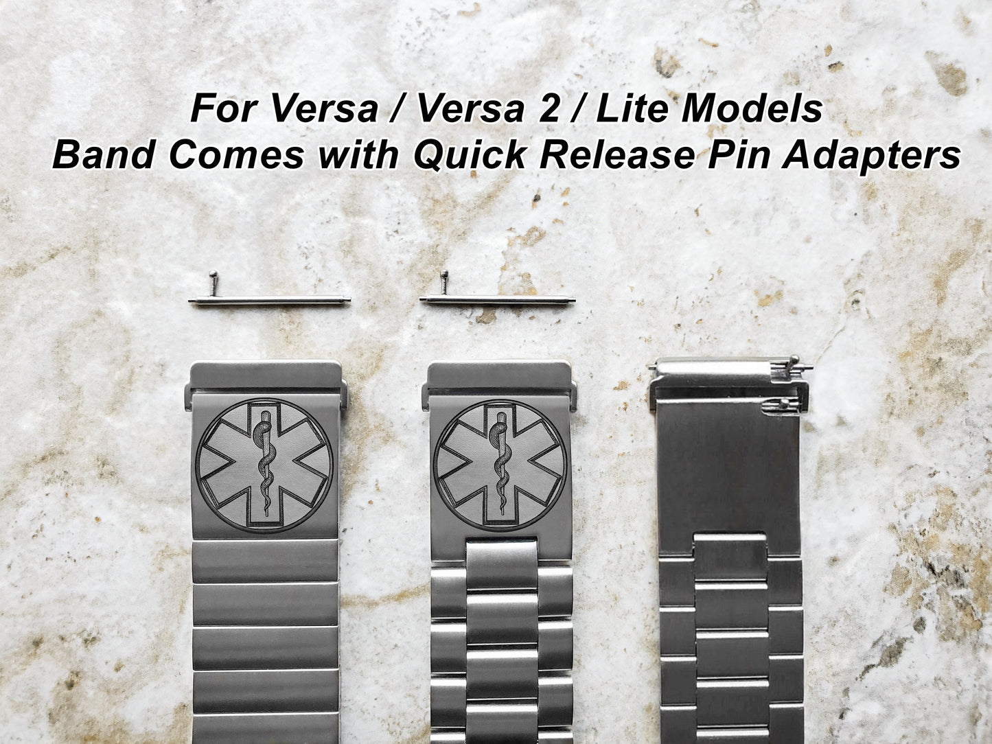 Engraved Watch Band Compatible with Fitbit Versa Lite 2 3 4 and Sense 2 Smartwatches Silver Color Stainless Steel Bracelet Strap MS2