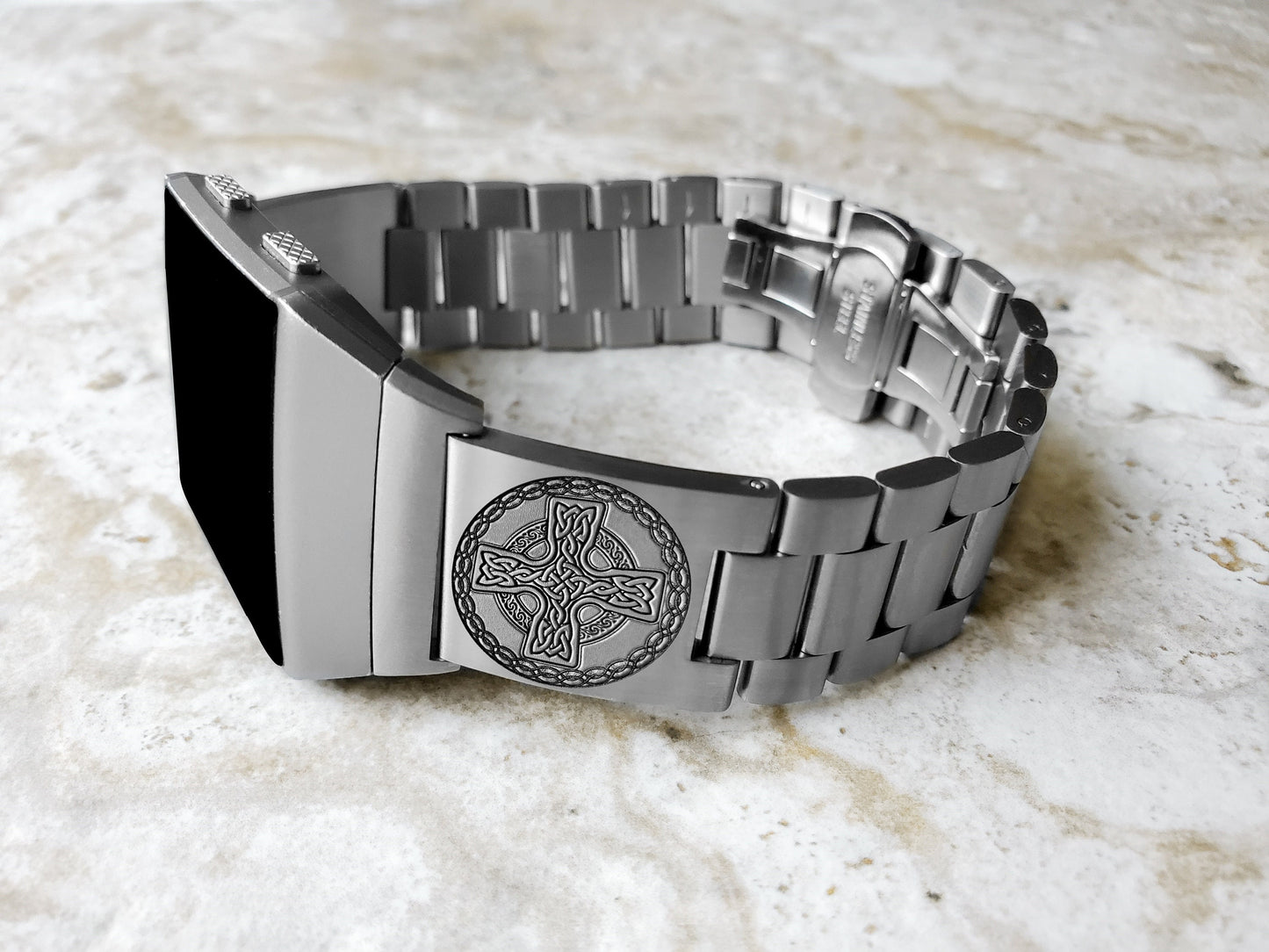 Engraved Watch Band Compatible with Fitbit Ionic Smartwatches Silver Color Stainless Steel Strap Bracelet with Quick Release Adapters CC2
