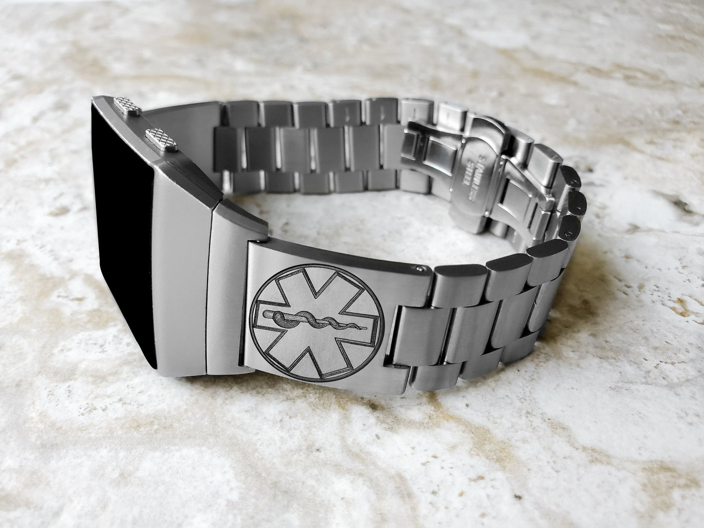 Engraved Watch Band Compatible with Fitbit Ionic Smartwatches Silver Color Stainless Steel Strap Bracelet with Quick Release Adapters MS2