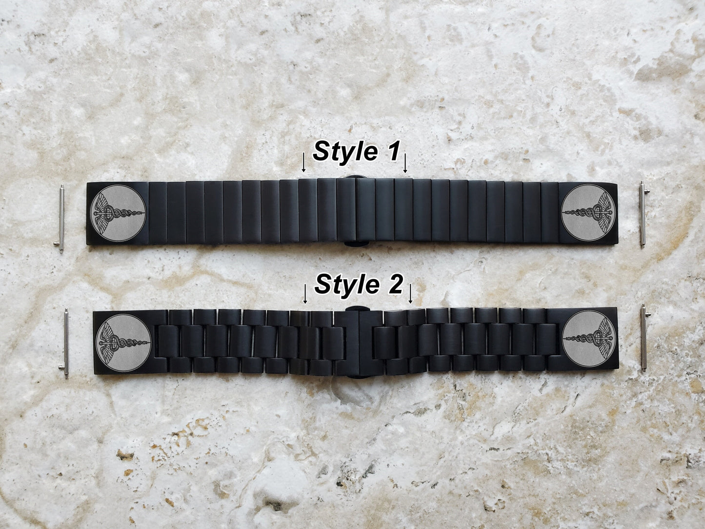Engraved Watch Band for 22mm Width Lugs Traditional Casual Luxury and Smartwatches Black Color Stainless Steel Bracelet Strap MS1