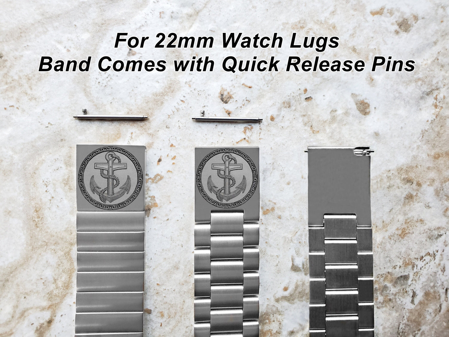 Engraved Watch Band for 22mm 24mm 25mm Lugs Traditional Casual Luxury and Smartwatches Silver Color Stainless Steel Bracelet Strap AN1