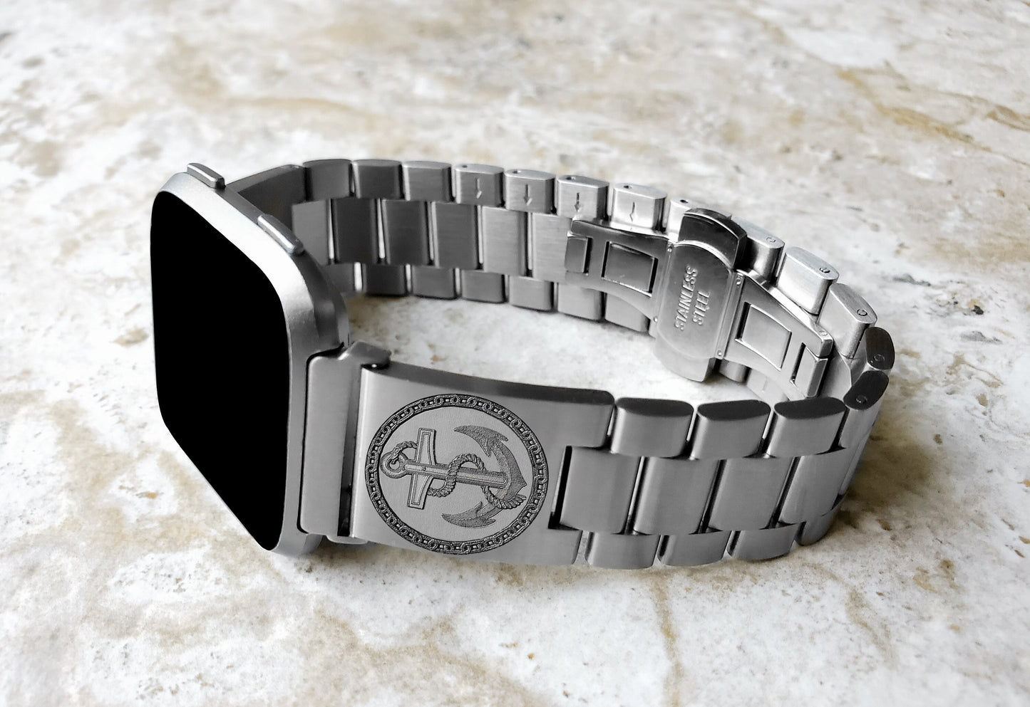 Engraved Watch Band Compatible with Fitbit Versa Lite 2 3 4 and Sense 2 Smartwatches Silver Color Stainless Steel Bracelet Strap AN1