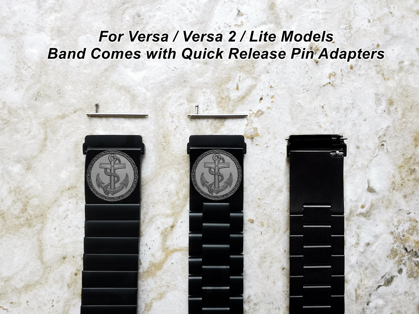 Engraved Watch Band Compatible with Fitbit Versa Lite 2 3 4 and Sense 2 Smartwatches Black Color Stainless Steel Bracelet Strap AN1