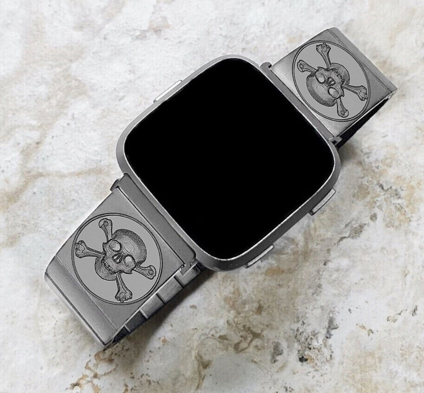 Engraved Watch Band Compatible with Fitbit Versa Lite 2 3 4 and Sense 2 Smartwatches Silver Color Stainless Steel Bracelet Strap SC2