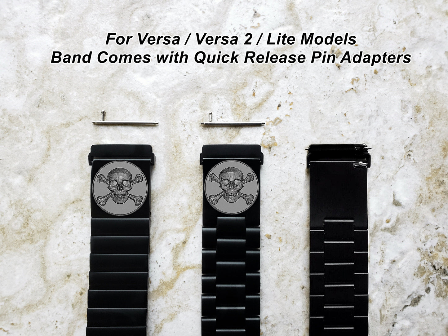Engraved Watch Band Compatible with Fitbit Versa Lite 2 3 4 and Sense 2 Smartwatches Black Color Stainless Steel Bracelet Strap SC2