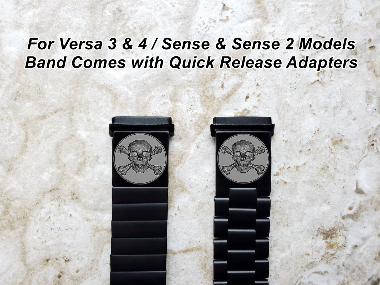 Engraved Watch Band Compatible with Fitbit Versa Lite 2 3 4 and Sense 2 Smartwatches Black Color Stainless Steel Bracelet Strap SC2