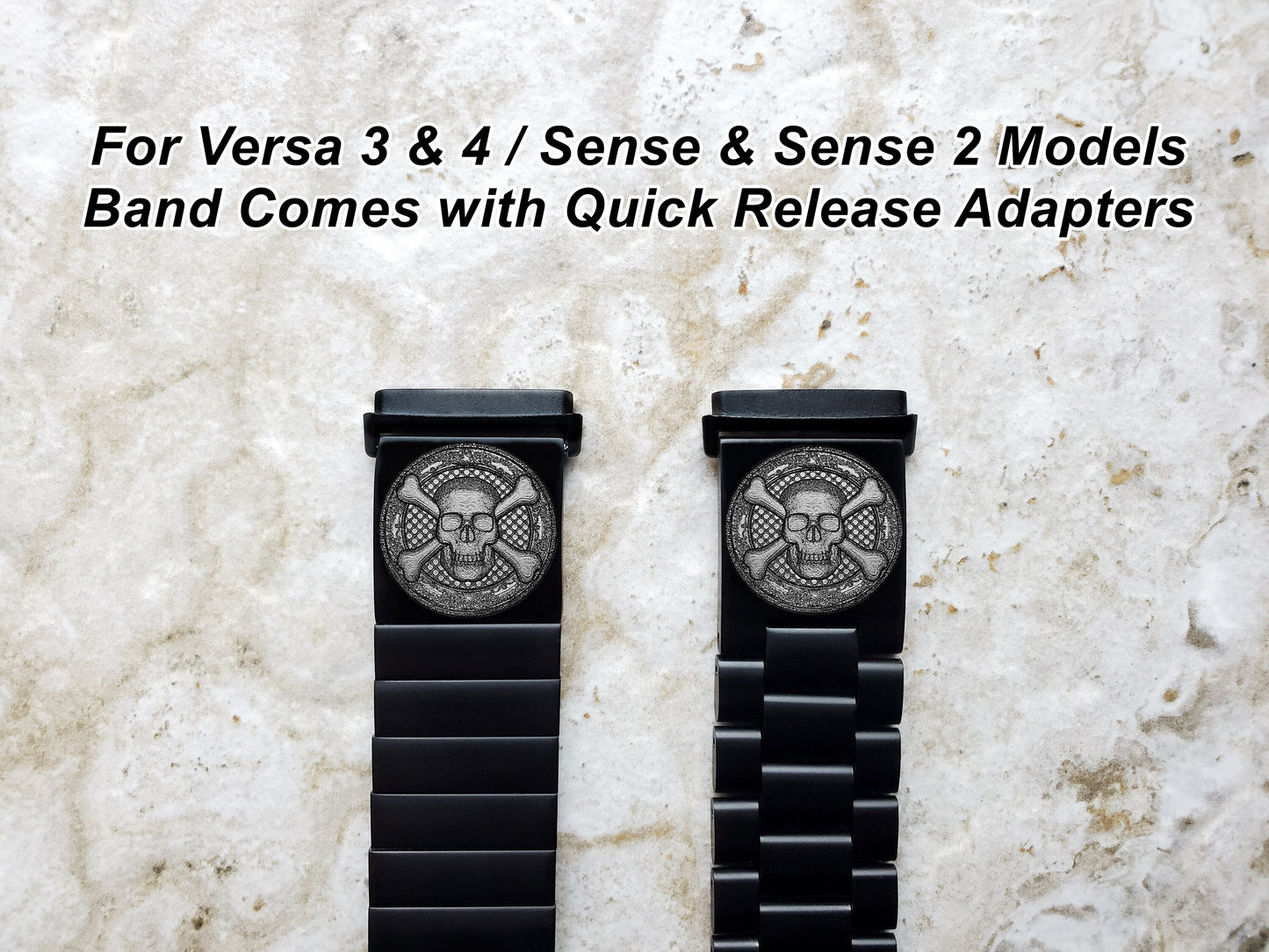 Engraved Watch Band Compatible with Fitbit Versa Lite 2 3 4 and Sense 2 Smartwatches Black Color Stainless Steel Bracelet Strap SC3