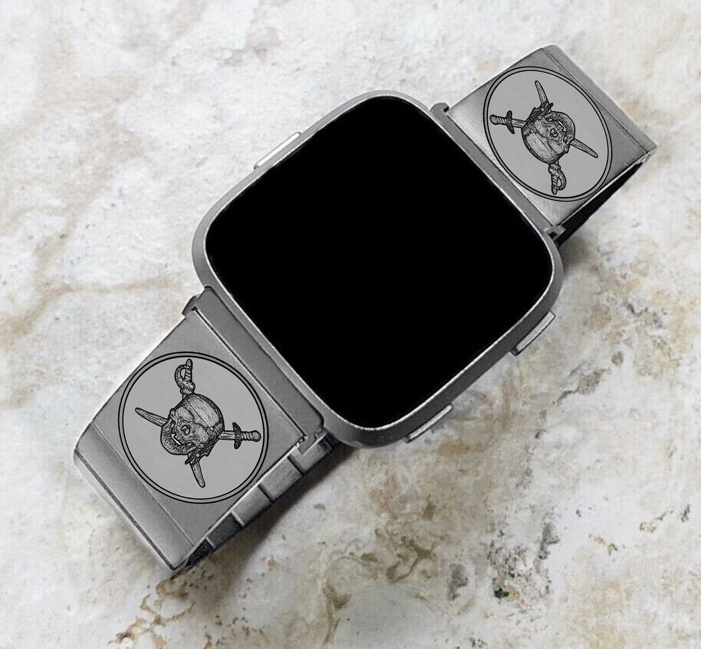 Engraved Watch Band Compatible with Fitbit Versa Lite 2 3 4 and Sense 2 Smartwatches Silver Color Stainless Steel Bracelet Strap PS2