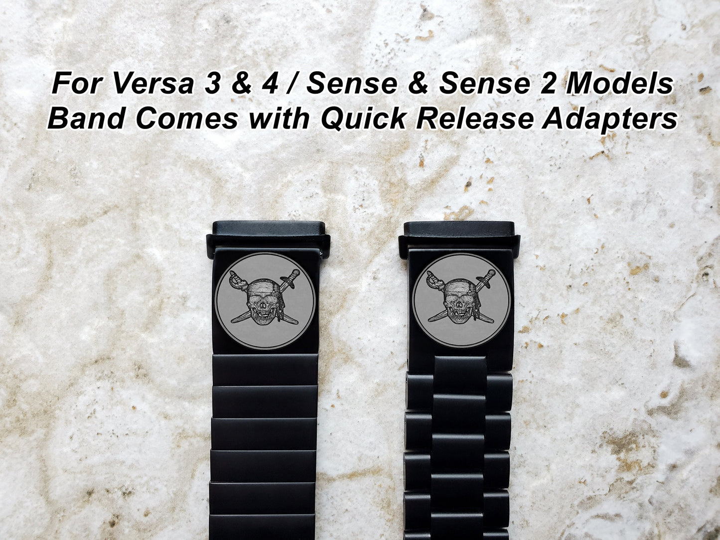 Engraved Watch Band Compatible with Fitbit Versa Lite 2 3 4 and Sense 2 Smartwatches Black Color Stainless Steel Bracelet Strap PS2