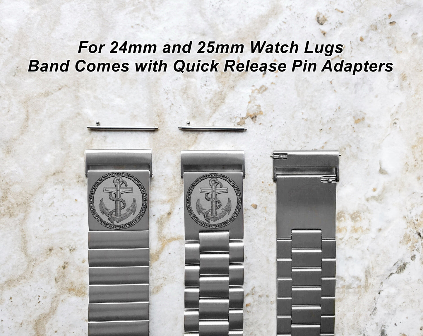 Engraved Watch Band for 22mm 24mm 25mm Lugs Traditional Casual Luxury and Smartwatches Silver Color Stainless Steel Bracelet Strap AN1