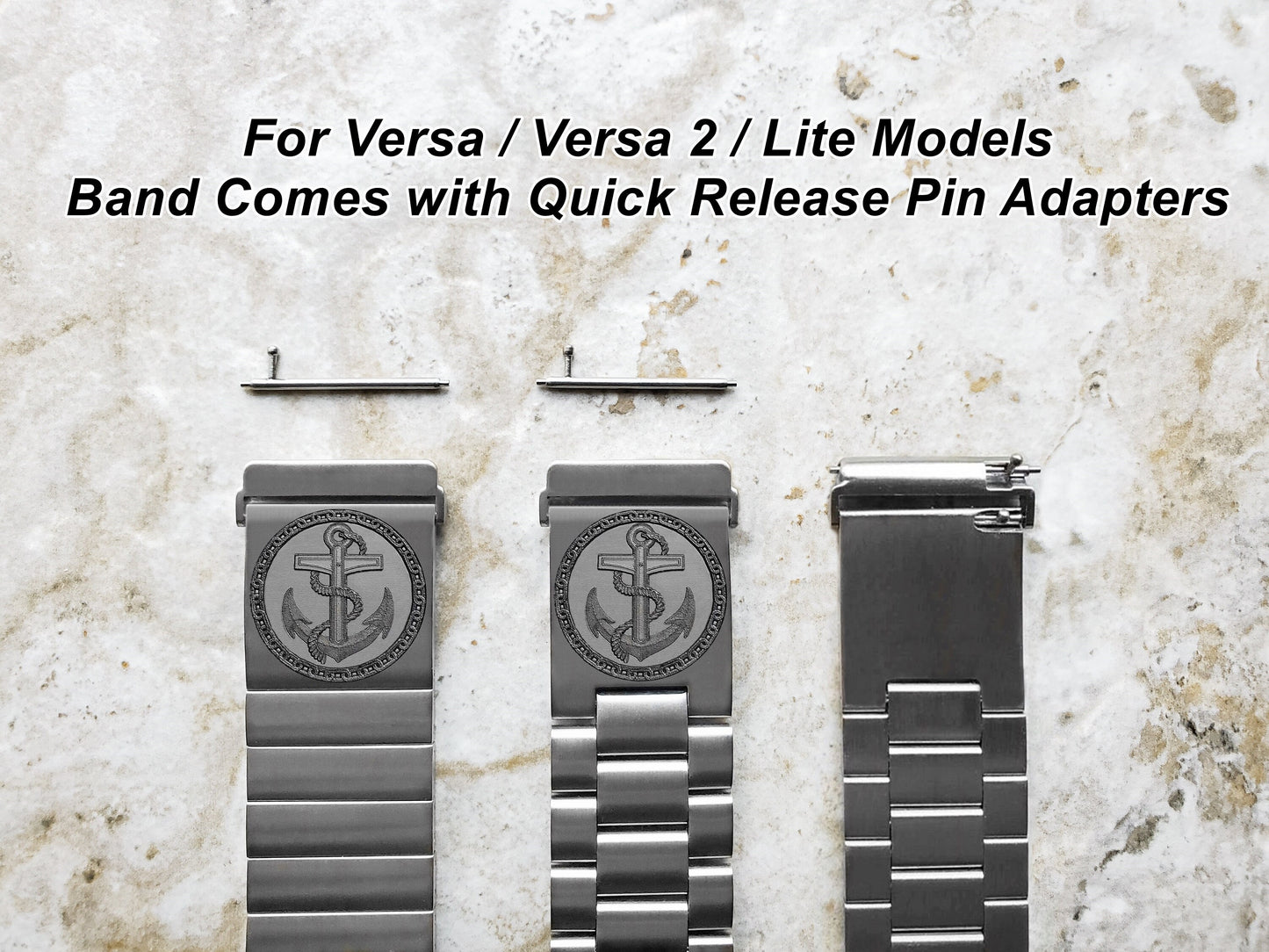 Engraved Watch Band Compatible with Fitbit Versa Lite 2 3 4 and Sense 2 Smartwatches Silver Color Stainless Steel Bracelet Strap AN1
