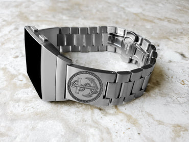 Engraved Watch Band Compatible with Fitbit Ionic Smartwatches Silver Color Stainless Steel Bracelet Strap with Quick Release Adapters AN1