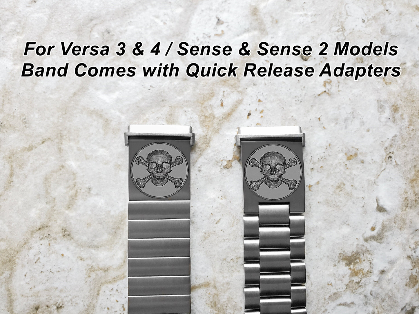 Engraved Watch Band Compatible with Fitbit Versa Lite 2 3 4 and Sense 2 Smartwatches Silver Color Stainless Steel Bracelet Strap SC2
