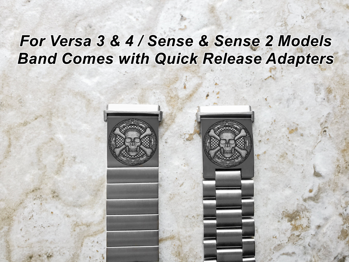 Engraved Watch Band Compatible with Fitbit Versa Lite 2 3 4 and Sense 2 Smartwatches Silver Color Stainless Steel Bracelet Strap SC3