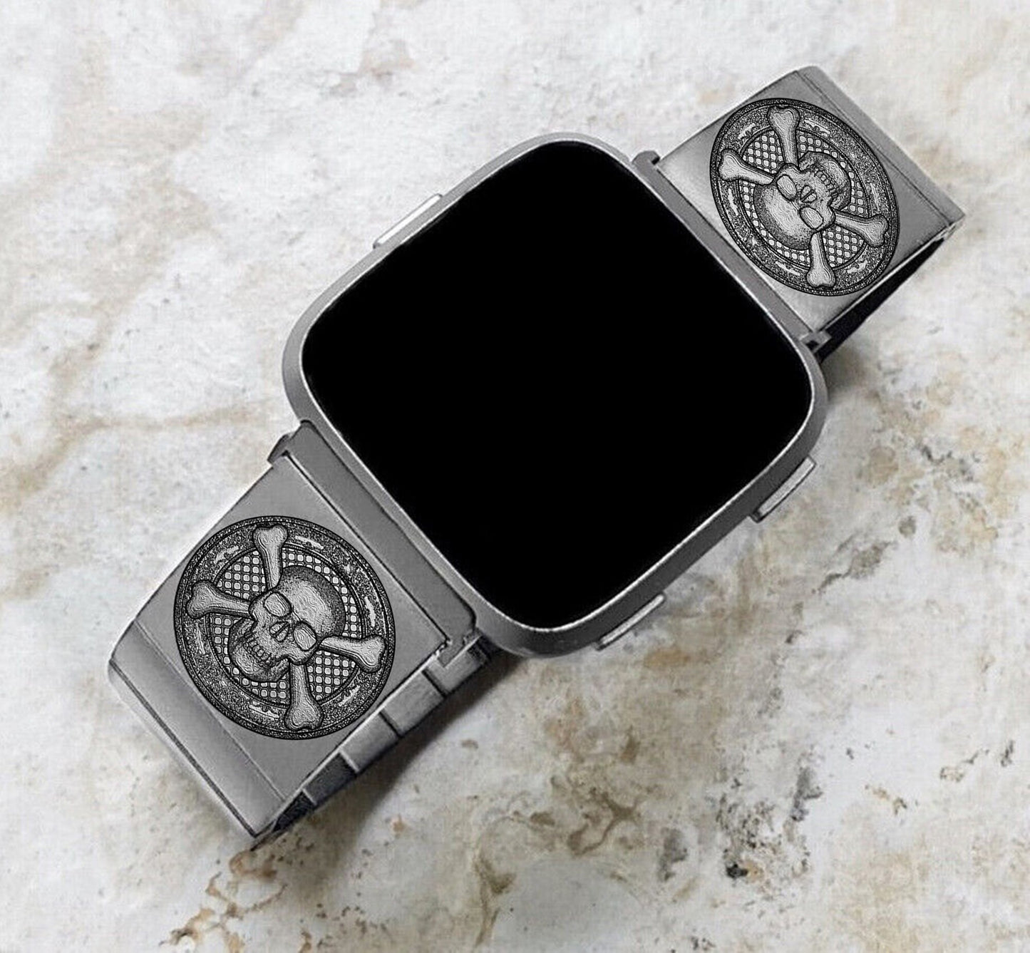 Engraved Watch Band Compatible with Fitbit Versa Lite 2 3 4 and Sense 2 Smartwatches Silver Color Stainless Steel Bracelet Strap SC3