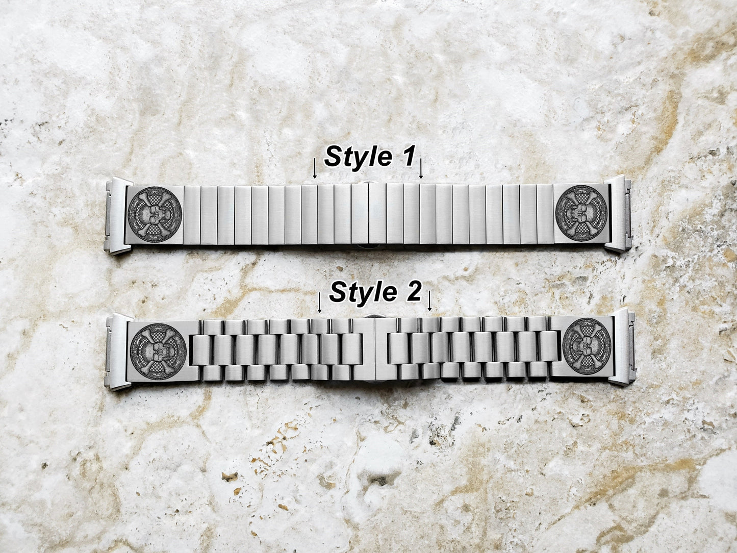 Fitbit Ionic Watch Band Skull Crossbones Engraved for Smartwatches Silver Color Stainless Steel Strap Bracelet Quick Release Adapters SC3