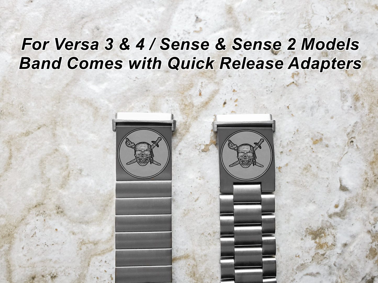 Engraved Watch Band Compatible with Fitbit Versa Lite 2 3 4 and Sense 2 Smartwatches Silver Color Stainless Steel Bracelet Strap PS2