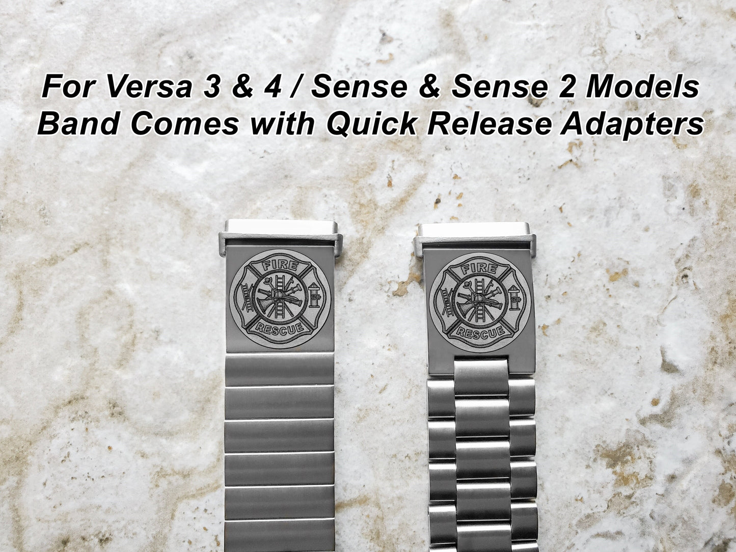 Engraved Watch Band Compatible with Fitbit Versa Lite 2 3 4 and Sense 2 Smartwatches Silver Color Stainless Steel Bracelet Strap F1
