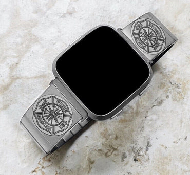 Engraved Watch Band Compatible with Fitbit Versa Lite 2 3 4 and Sense 2 Smartwatches Silver Color Stainless Steel Bracelet Strap F1