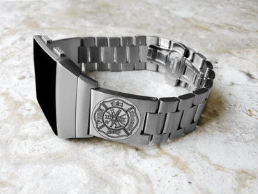 Engraved Watch Band Compatible with Fitbit Ionic Smartwatches Silver Color Stainless Steel Bracelet Strap with Quick Release Adapters F1