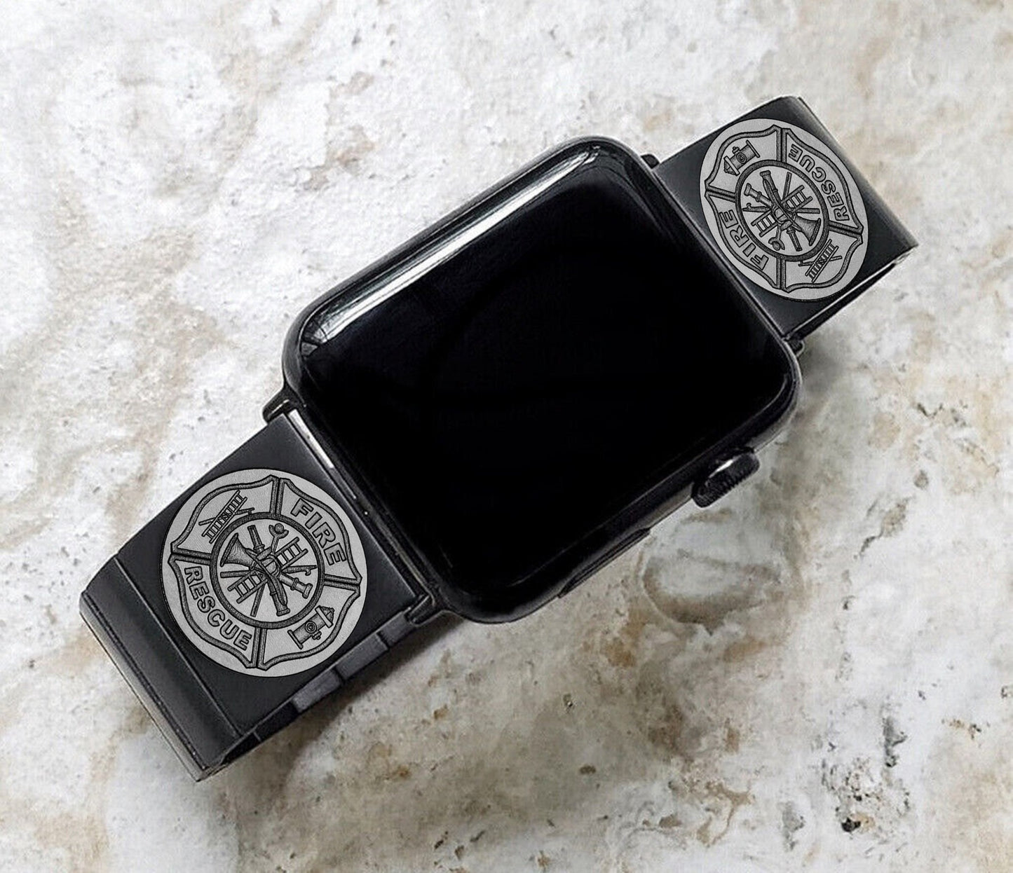 Firefighter Engraved Watch Band Compatible with Apple iWatch Ultra 2 9 8 7 SE 6 5 4 3 2 1 Case 38mm 40mm 41mm 42mm 44mm 45mm 49mm Black Stainless Steel F1