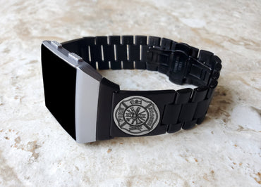 Engraved Watch Band Compatible with Fitbit Ionic Smartwatches Black Color Stainless Steel Bracelet Strap with Quick Release Adapters F1