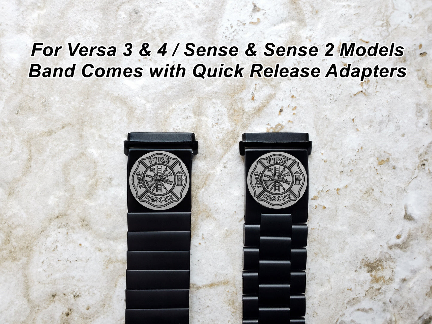 Engraved Watch Band Compatible with Fitbit Versa Lite 2 3 4 and Sense 2 Smartwatches Black Color Stainless Steel Bracelet Strap F1