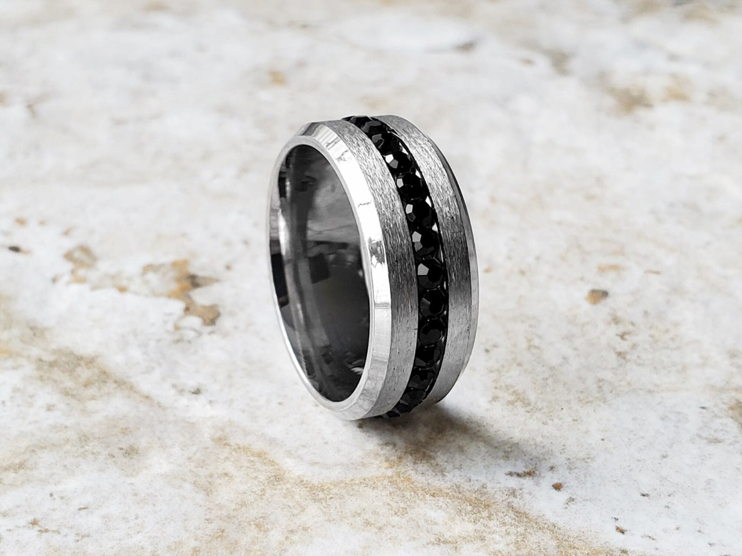 Wedding Band Ring with Black Crystals Center Unisex Fashion Jewelry for Women Men Silver Color Stainless Steel Tarnish Resistant 8mm Wide