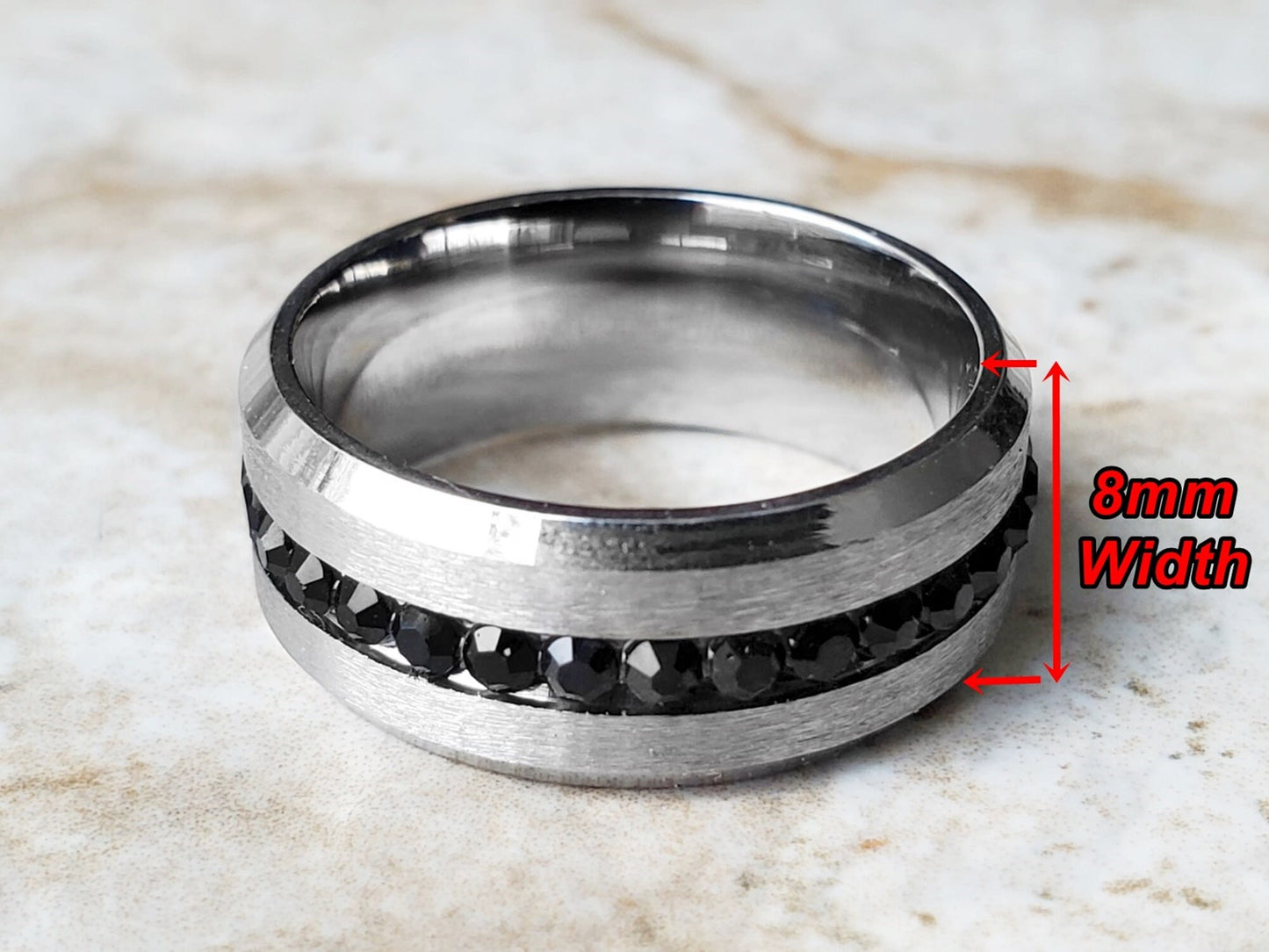 Wedding Band Ring with Black Crystals Center Unisex Fashion Jewelry for Women Men Silver Color Stainless Steel Tarnish Resistant 8mm Wide