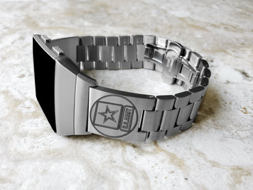 US Army Engraved Watch Band Compatible with Fitbit Ionic Smartwatches Silver Color Stainless Steel Bracelet Strap Quick Release Adapters US1