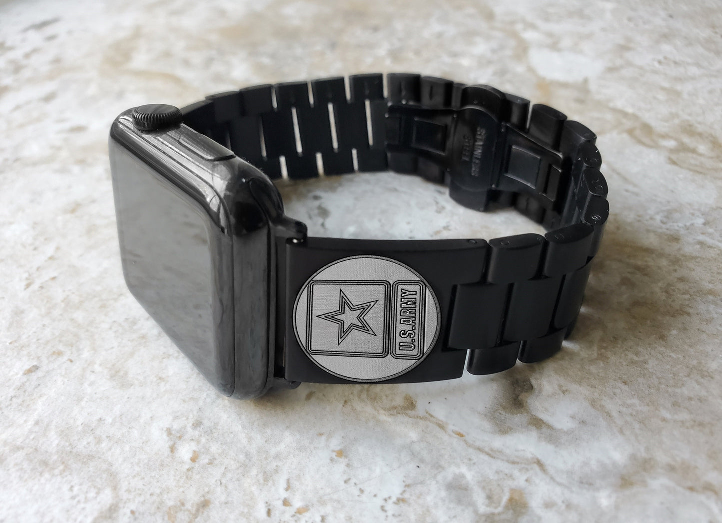 US Army Engraved Band Compatible with Apple iWatch Ultra 2 9 8 7 SE 6 5 4 3 2 Case 38mm 40mm 41mm 42mm 44mm 45mm 49mm Black St Steel US1