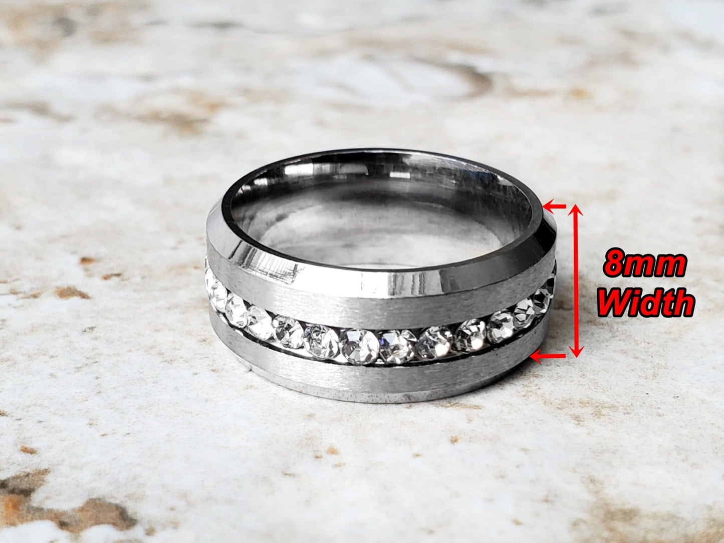 Wedding Band Ring with White Clear Crystals Center Unisex Fashion Jewelry Women Men Silver Color Stainless Steel Tarnish Resistant 8mm Wide