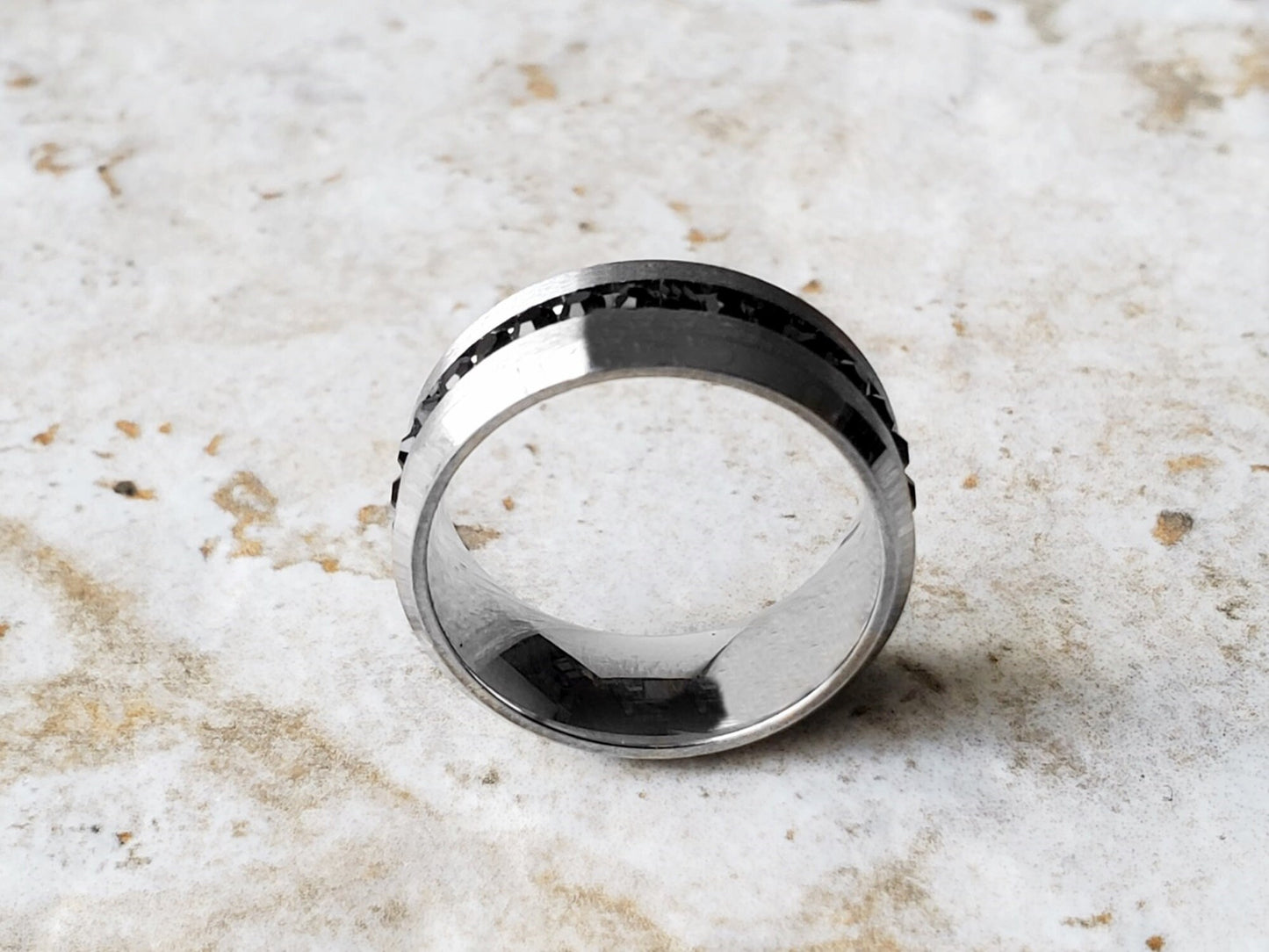 Wedding Band Ring with Black Crystals Center Unisex Fashion Jewelry for Women Men Silver Color Stainless Steel Tarnish Resistant 8mm Wide