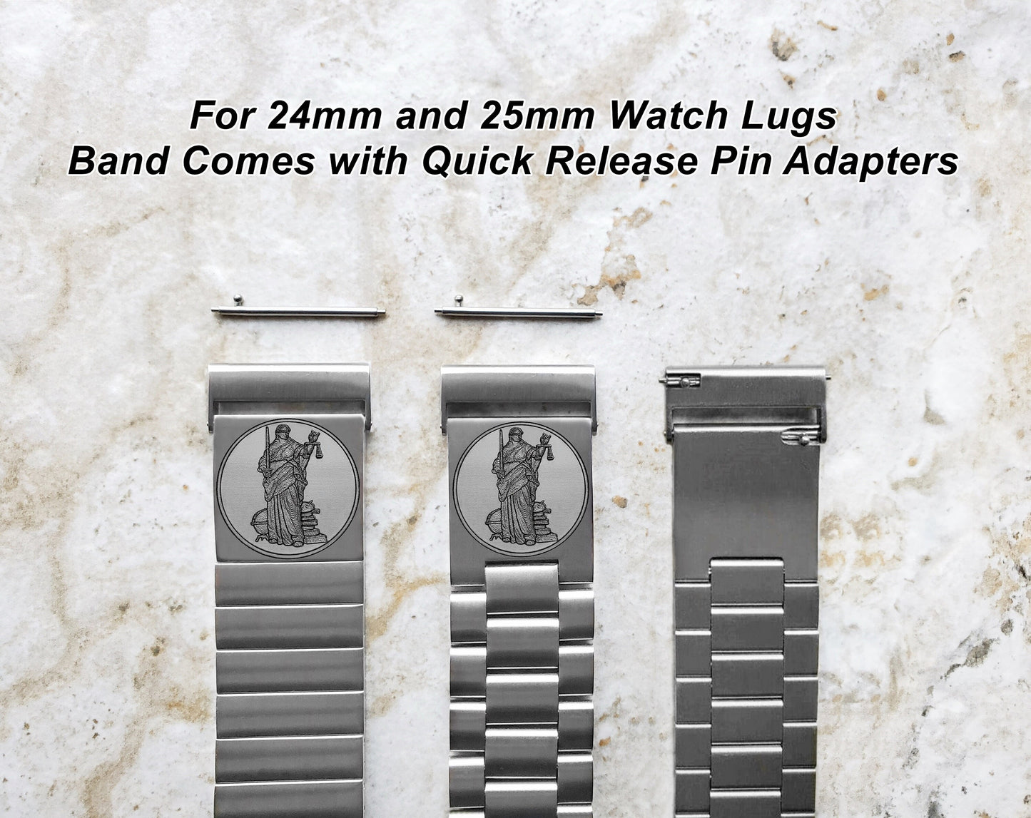 Lady Justice Engraved Band for 22mm 24mm 25mm Lugs Traditional Casual Luxury and Smartwatches Silver Stainless Steel Bracelet Strap BJ2