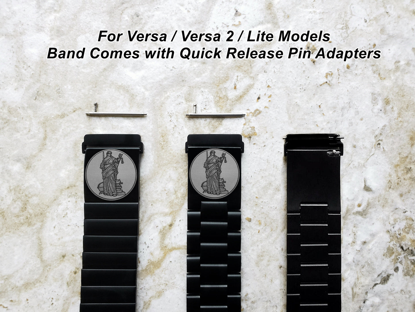 Lady Justice Engraved Band Compatible with Fitbit Versa Lite 2 3 4 and Sense 2 Smartwatches Black Color Stainless Steel Bracelet Strap BJ2