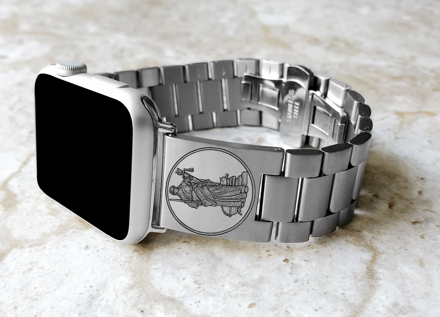 Lady Justice Engraved Band Compatible with Apple Watch Ultra 2 9 8 7 SE 6 5 4 3 2 Case 38mm 40mm 41mm 42mm 44mm 45mm 49mm St Steel Strap BJ2