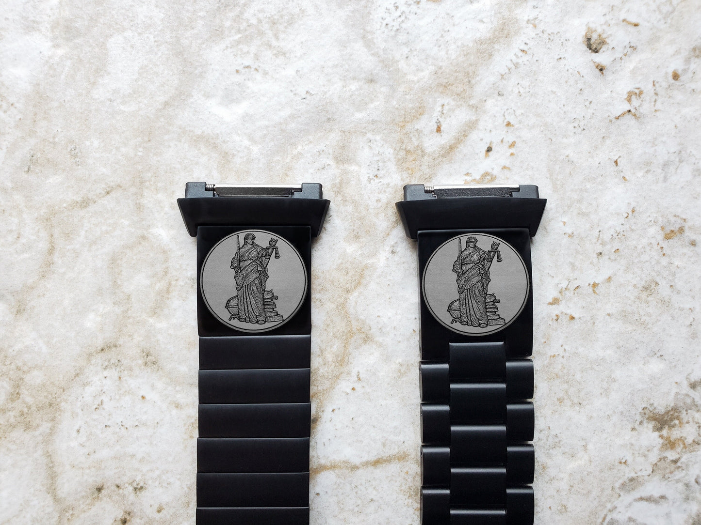 Lady Justice Engraved Band Compatible with Fitbit Ionic Smartwatches Black Stainless Steel Bracelet Strap with Quick Release Adapters BJ2