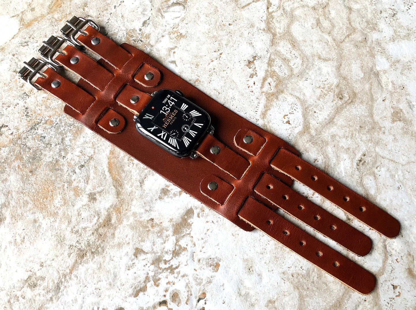 Apple Watch Band Cuff Bund Steampunk Wide Strap Leather Bracelet for iWatch Ultra 2 49mm 45mm 44mm 41mm 9 8 7 SE 6 5 4 3 2 1 38mm 40 42mm BR
