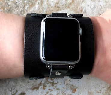 Apple Watch Band Cuff Bund Steampunk Wide Strap Leather Bracelet for iWatch Ultra 2 9 8 7 SE 6 5 4 3 2 1 49mm 45mm 44mm 42mm 41mm 40 38mm BL