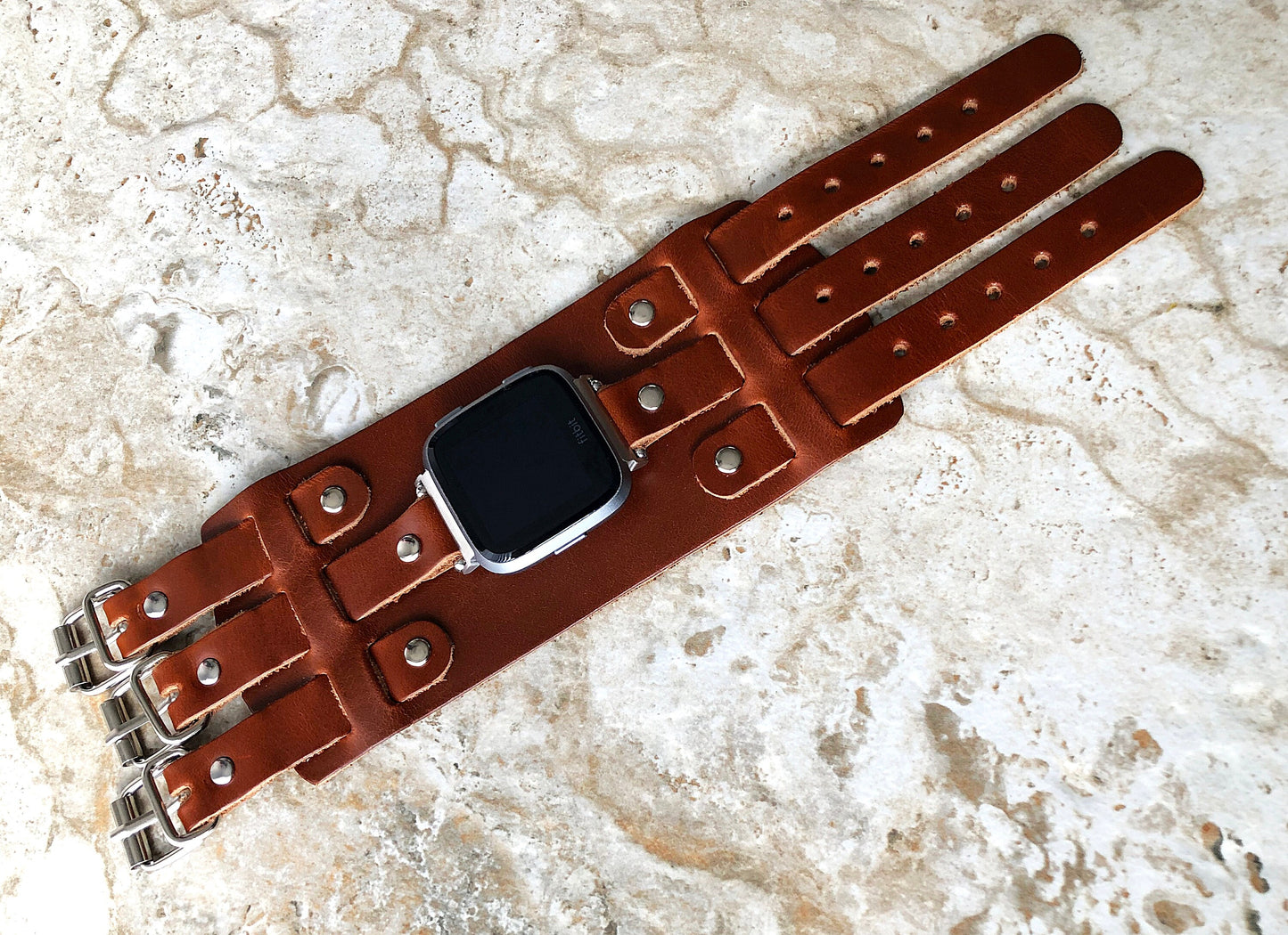 Fitbit Versa 2 3 4 Sense 2 Lite Watch Band Cuff Bund Steampunk Wide Strap Genuine Soft Leather Adjustable Bracelet Brown Color