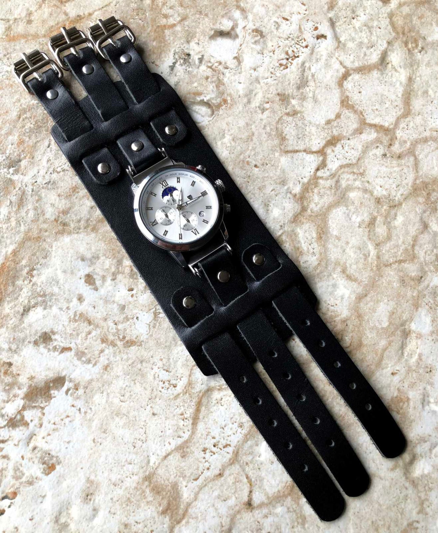 Black Cuff Bund Steampunk Wide Leather Band Strap for 18mm 19mm 20mm 21mm 22mm 23mm 24mm 25mm 26mm Traditional Casual Luxury Smart Watches