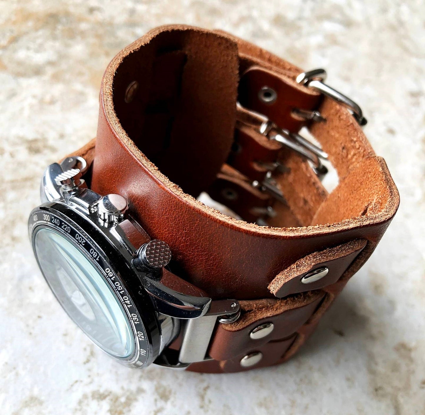 Brown Cuff Bund Steampunk Wide Leather Band Strap for 18mm 19mm 20mm 21mm 22mm 23mm 24mm 25mm 26mm Traditional Casual Luxury Smart Watches
