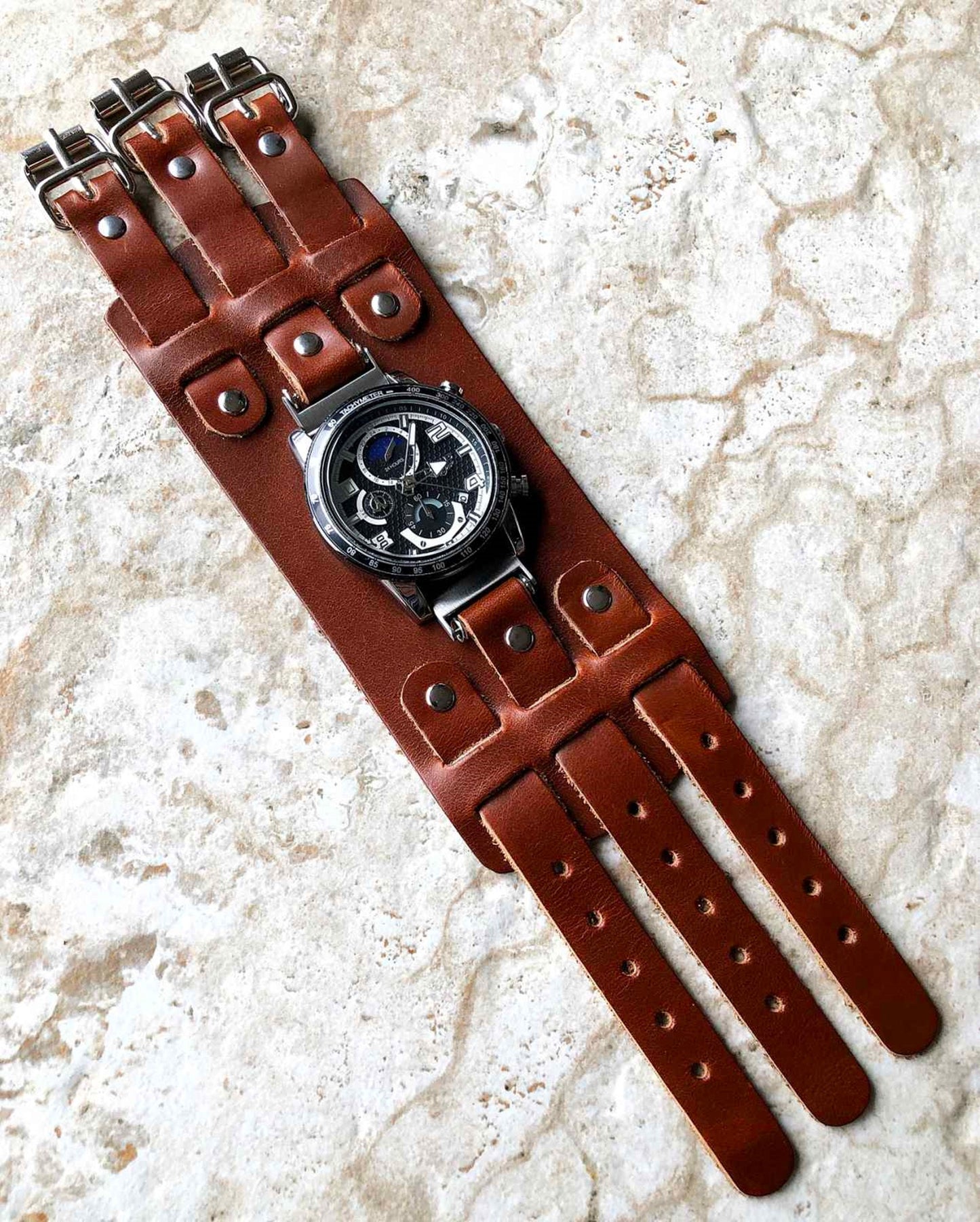 Brown Cuff Bund Steampunk Wide Leather Band Strap for 18mm 19mm 20mm 21mm 22mm 23mm 24mm 25mm 26mm Traditional Casual Luxury Smart Watches